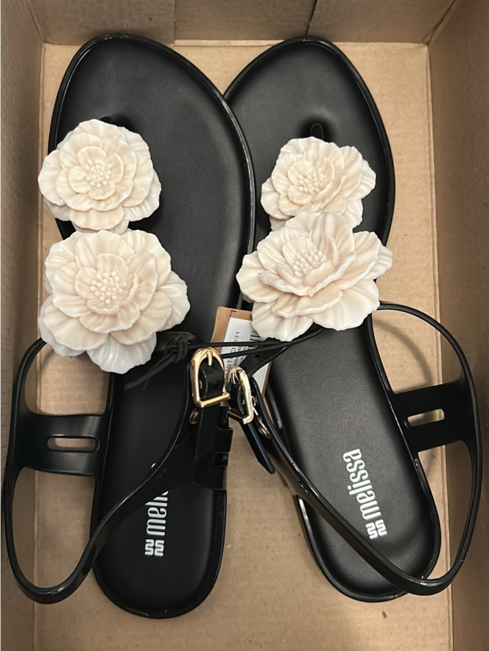 Melissa Black Sandals with Cream Floral Embellishments